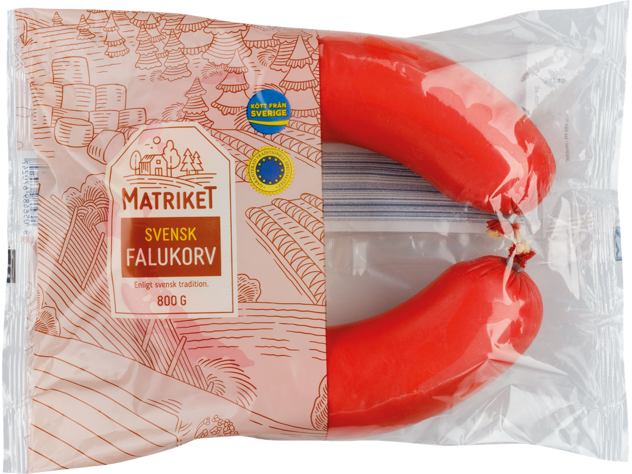 Förpackning med Matriket Svensk Falukorv, 800g, med märkning 'Kött från Sverige'.