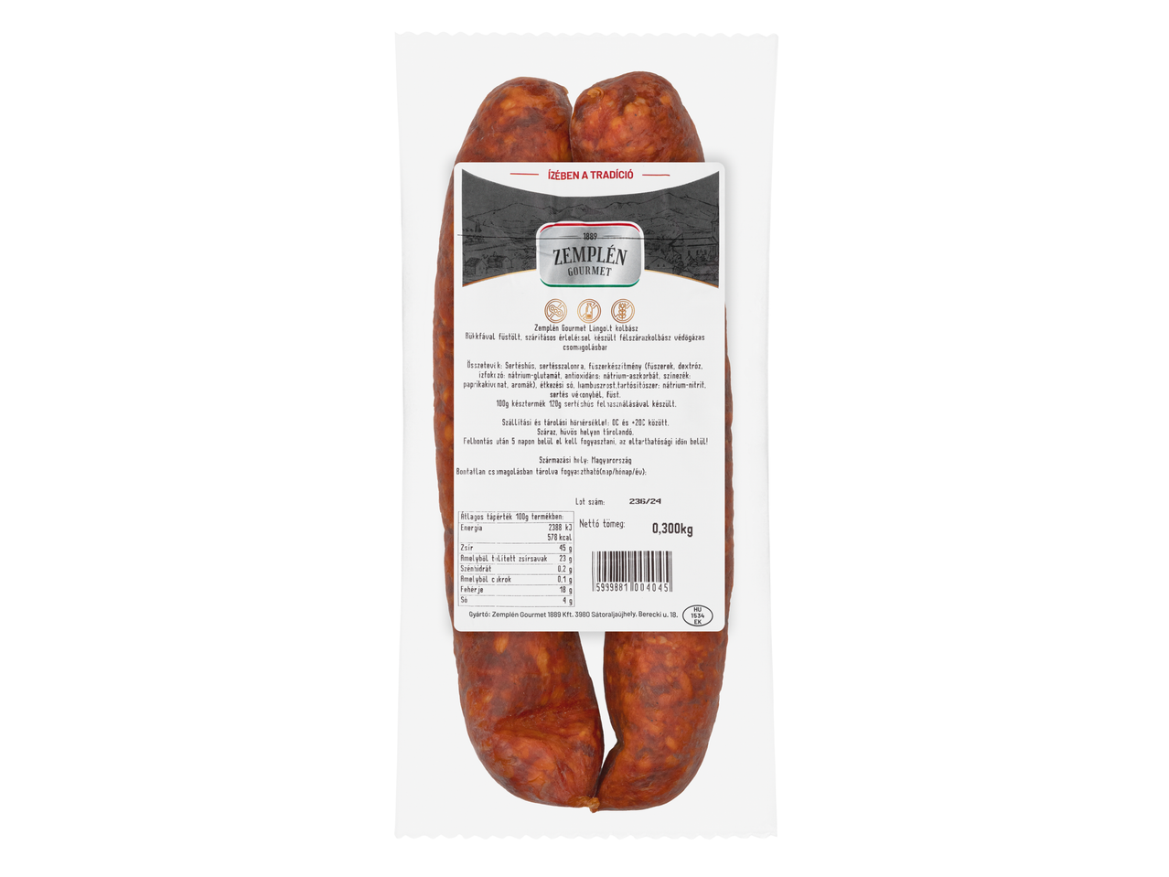 Zemplén Gourmet hosszú kolbász védőcsomagolásban.