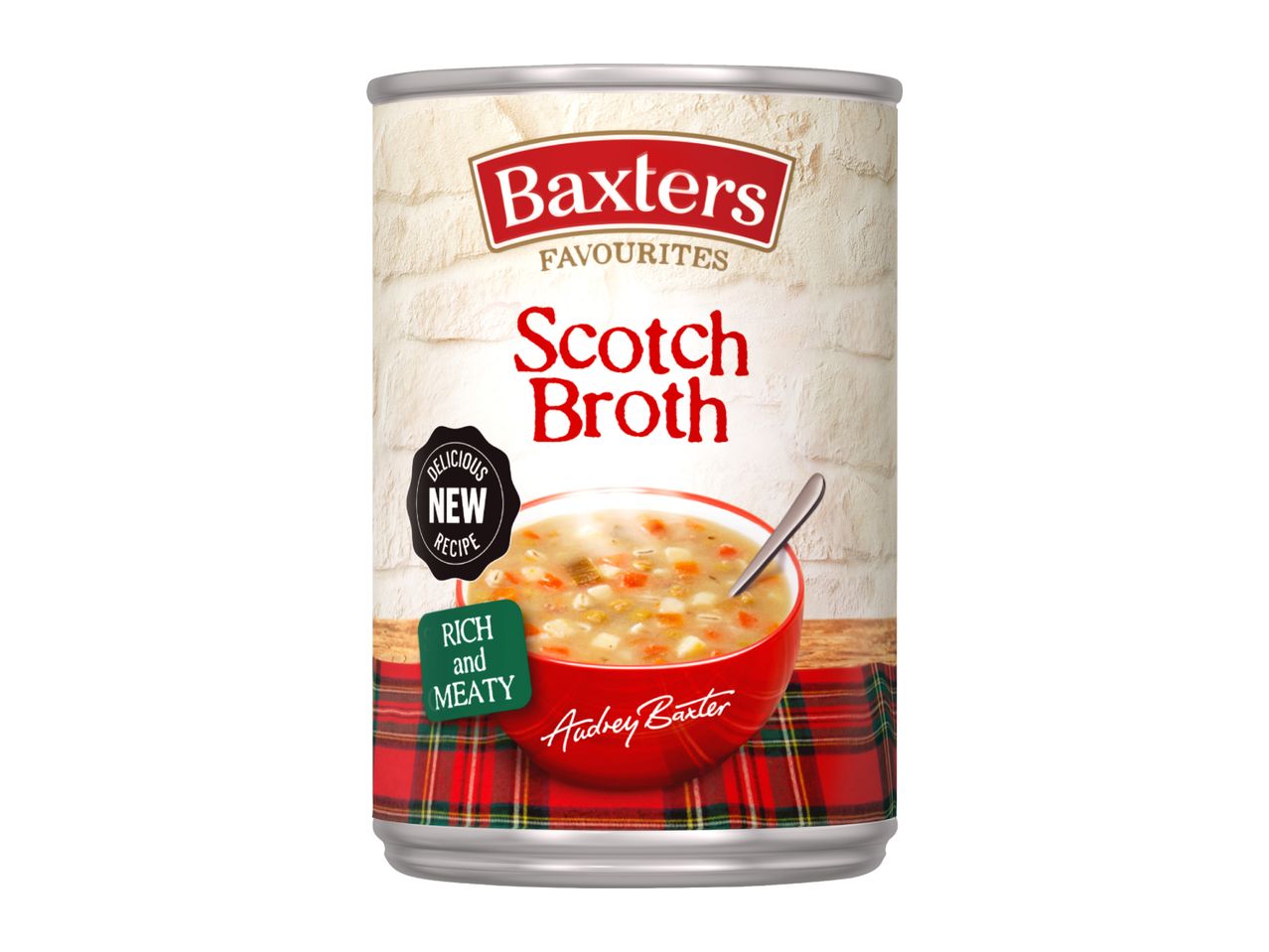 A can of Scotch Broth soup with a red bowl of soup on a tartan cloth.