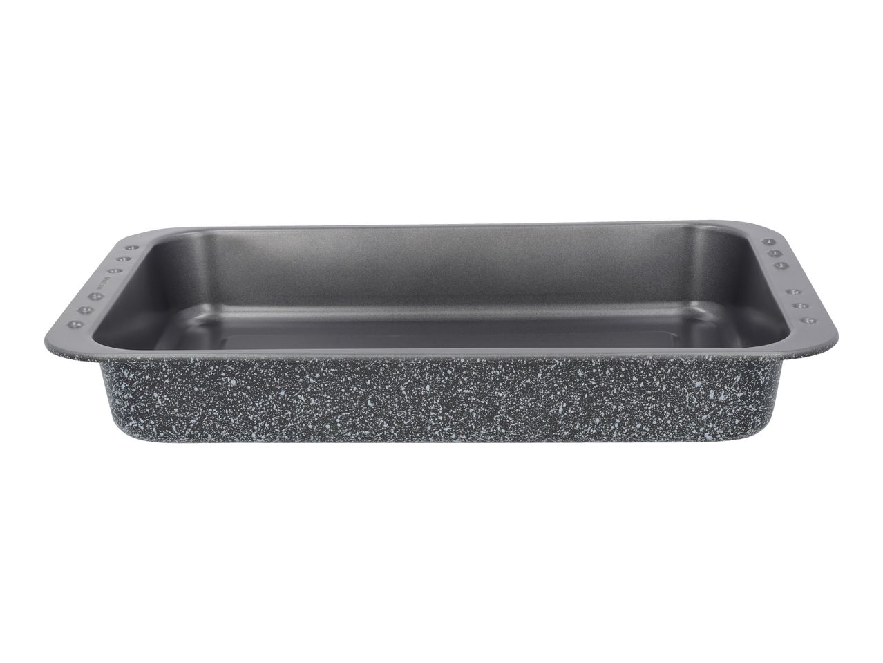 Rectangular baking pan with speckled exterior and dark grey interior