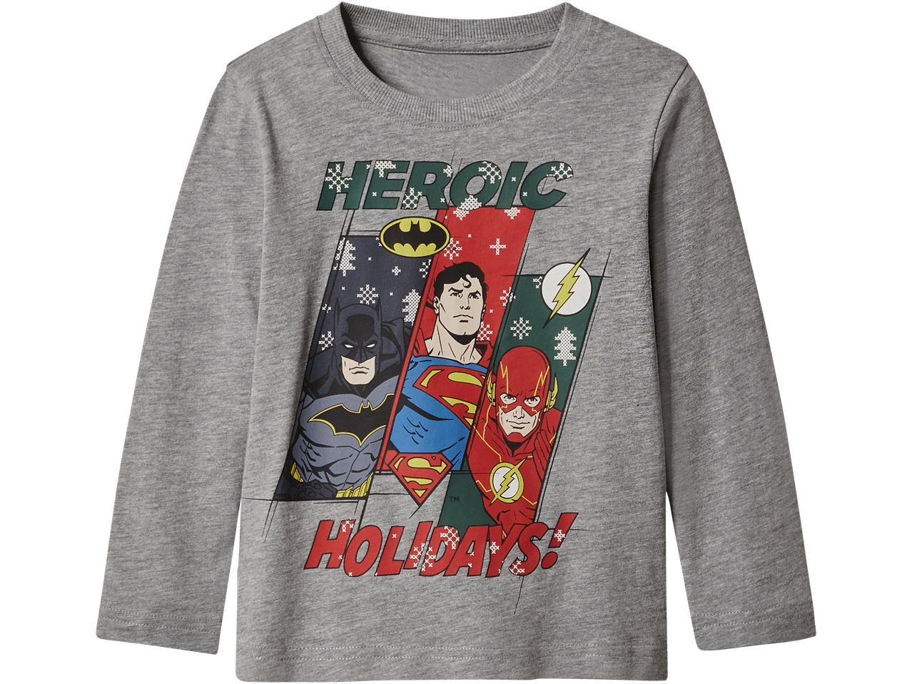 Pilki marškinėliai ilgomis rankovėmis su DC Comics herojais Betmenu, Supermenu ir Flešu bei užrašu „HEROIC HOLIDAYS!“.