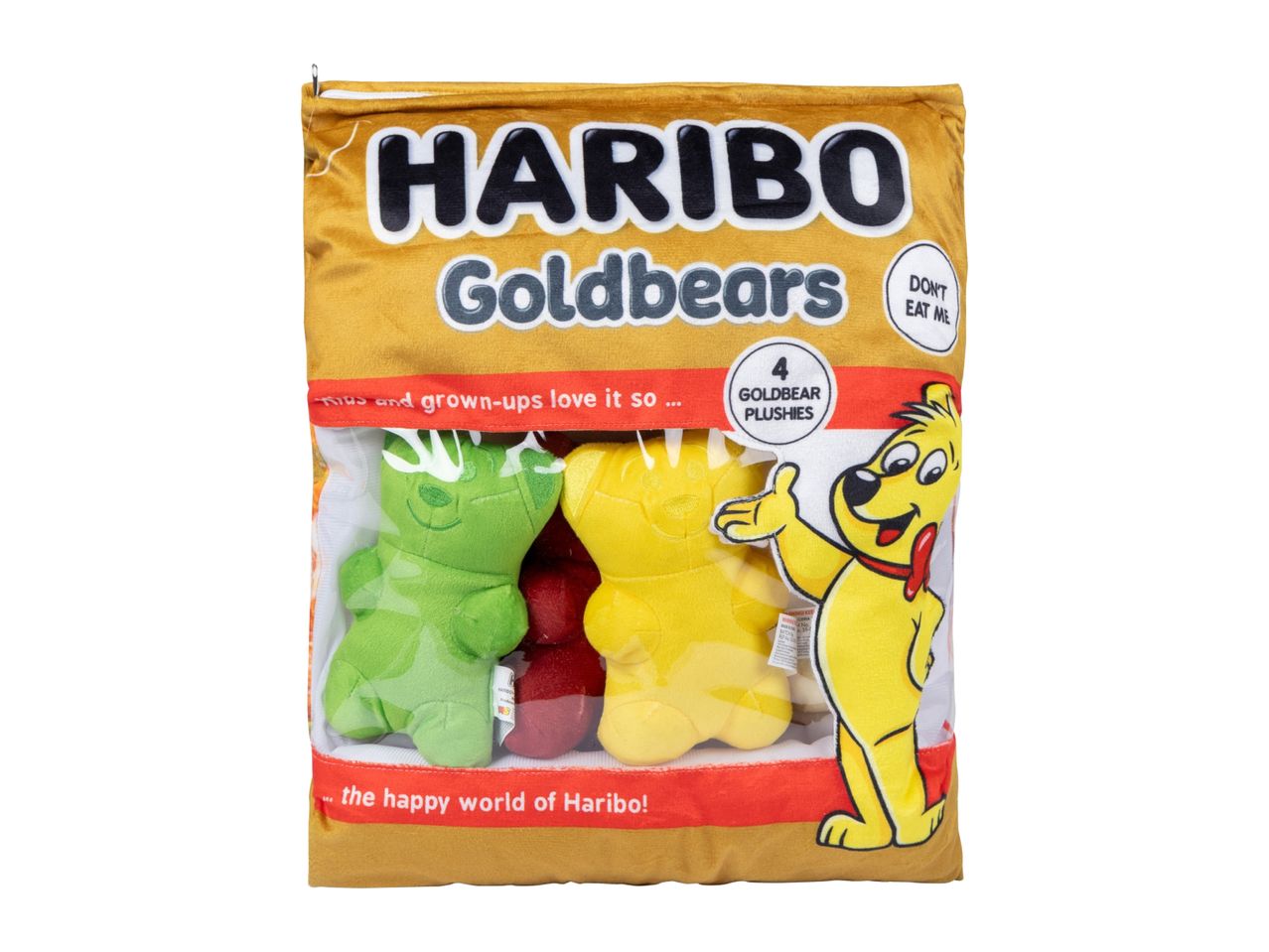 Plush toy bag with four colorful gummy bear plushies and a cartoon bear graphic.