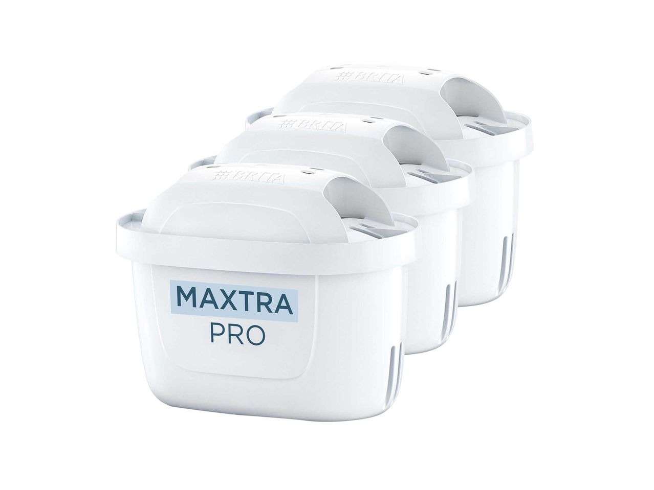 Három fehér BRITA MAXTRA PRO vízszűrő, egymás mögött sorakozva.