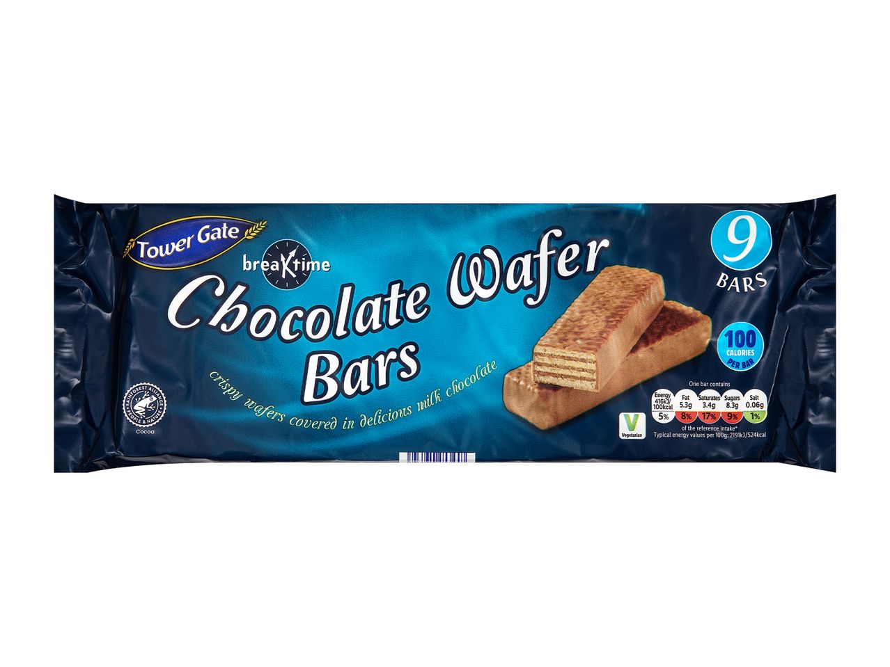 Tower Gate Breaktime Chocolate Wafer Bars: 9 bars, 100 calories per bar.