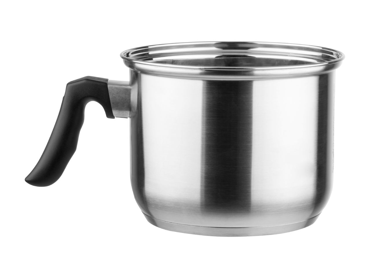 En poleret rustfri stålkande med et sort håndtag.