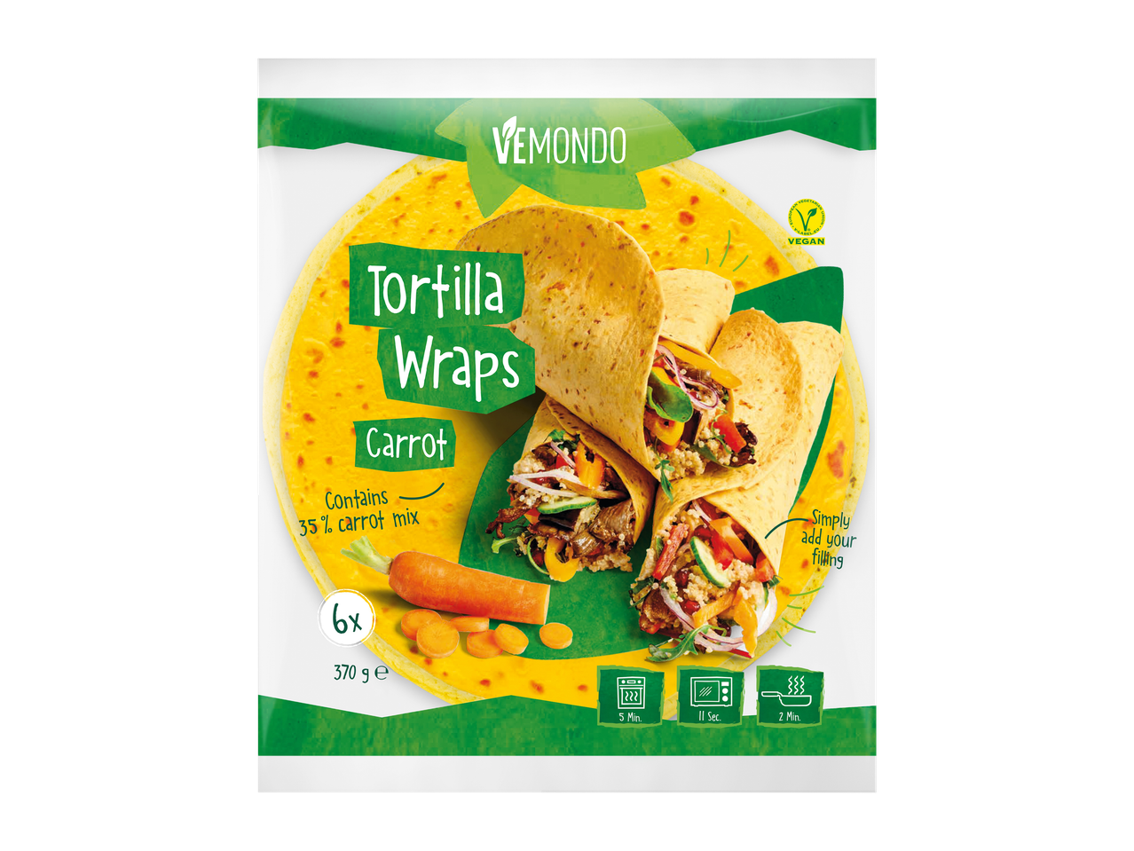 6 tortilla vegane VEMUNDO cu morcov, gata de umplut.