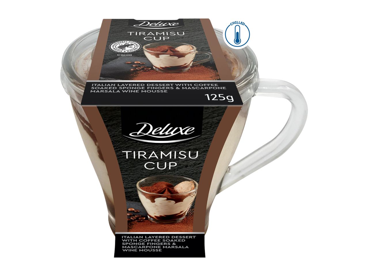 Tiramisu cup dessert with coffee-soaked sponge fingers and mascarpone Marsala wine mousse, 125g.