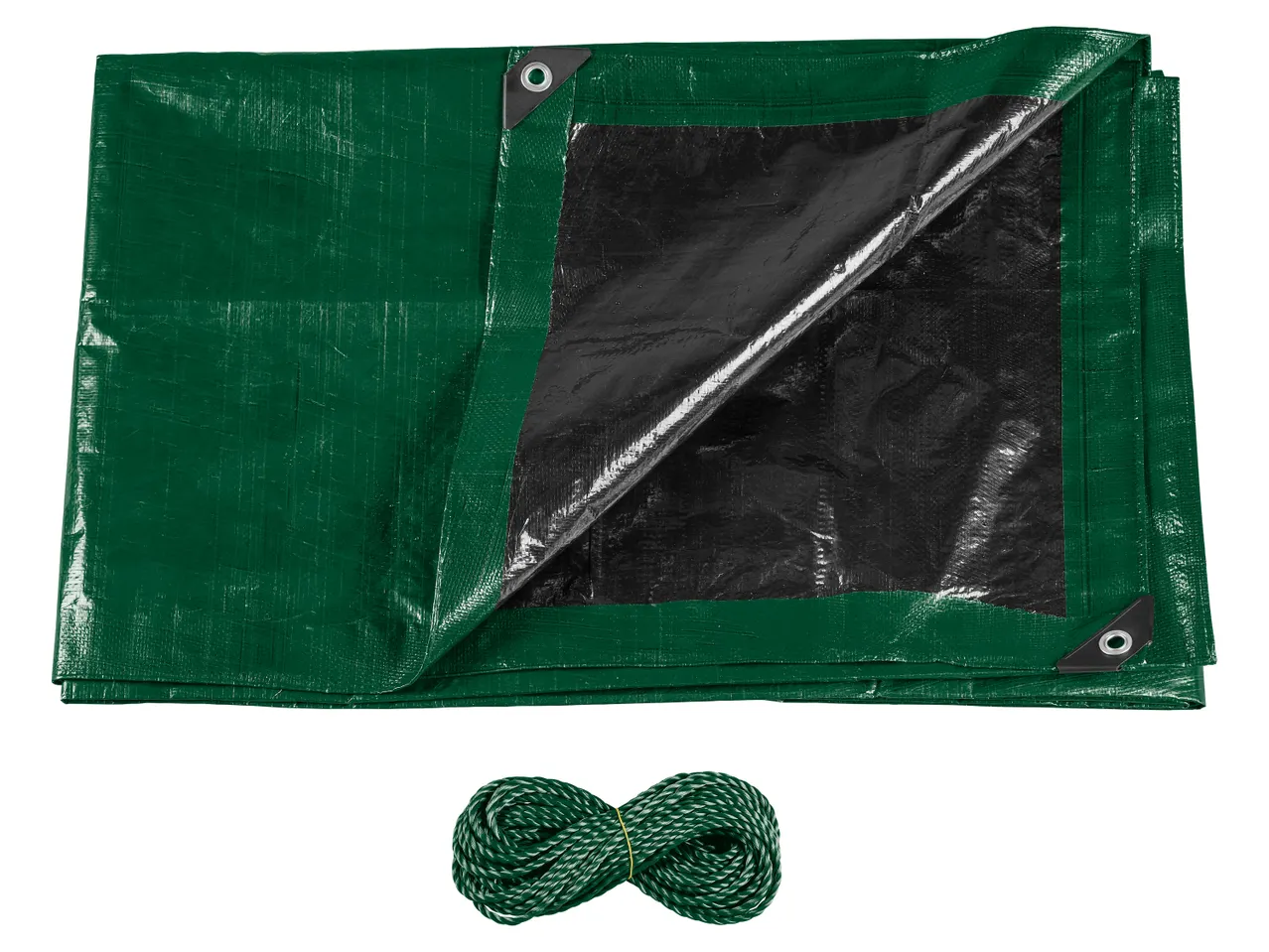 Telo di copertura verde con un lato nero e una corda verde arrotolata.