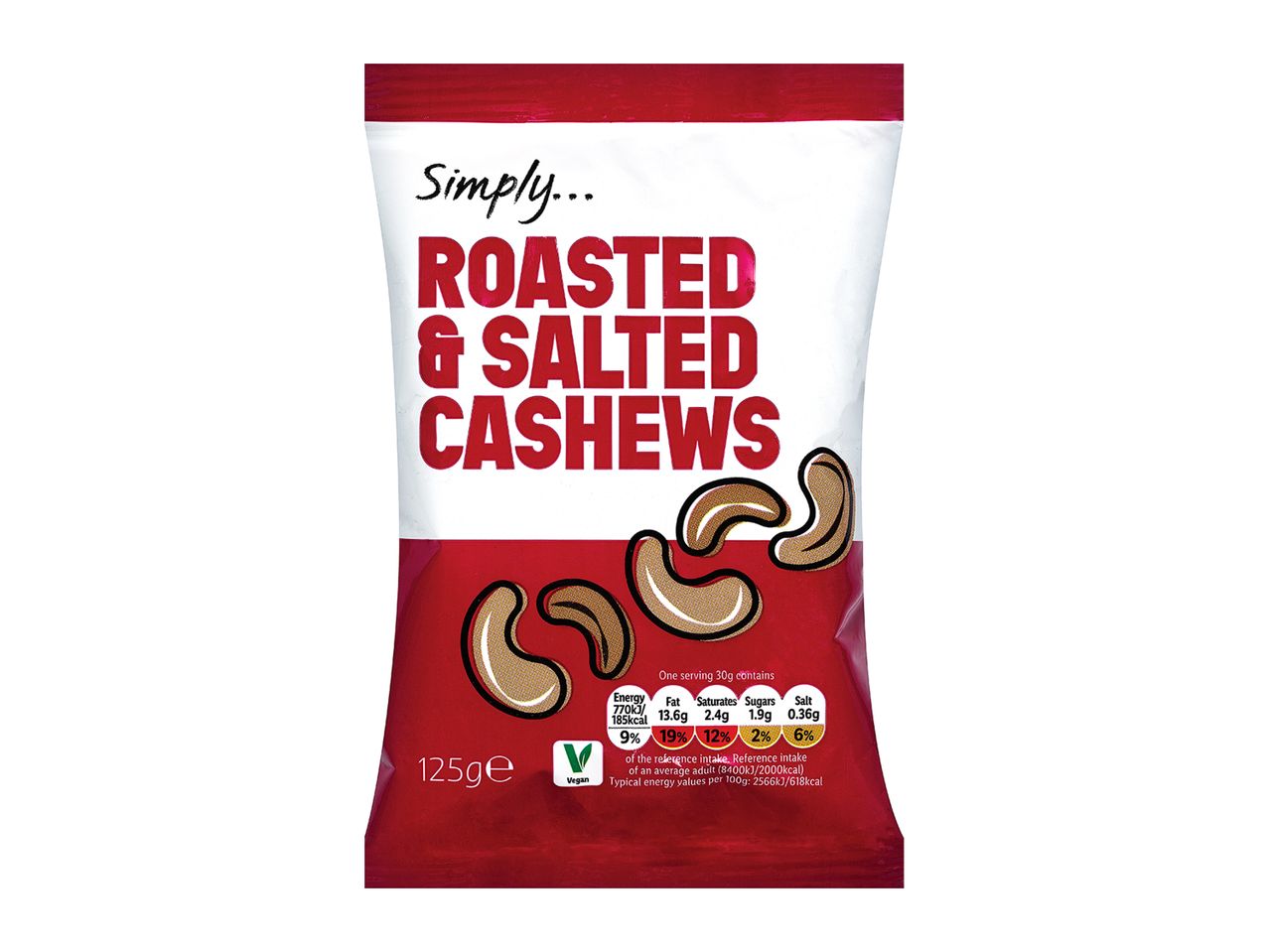 Simply… roasted & salted cashews, 125g.