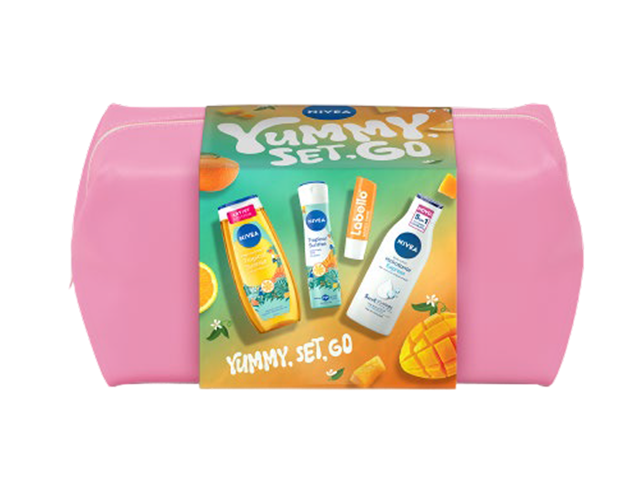 Um conjunto de higiene pessoal com um saco rosa, gel de banho, desodorizante, protetor labial e loção corporal, com tema de frutas tropicais.