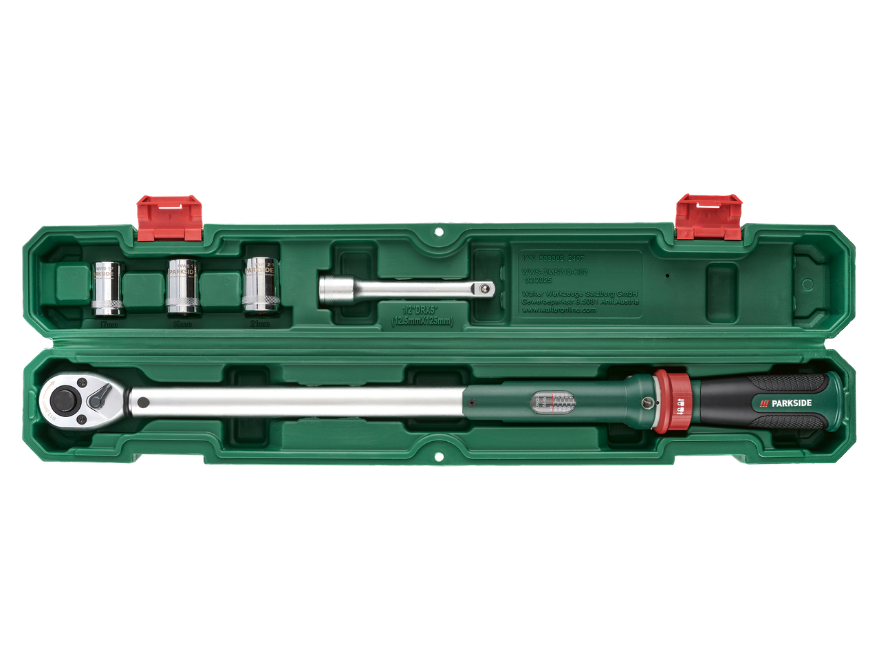Nyomatékkulcs készlet 17, 19 és 21 mm-es dugókulcsokkal, hosszabbítóval, zöld tokban.