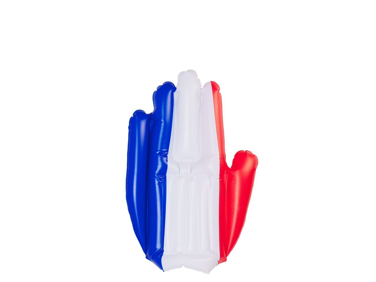 Main gonflable aux couleurs du drapeau français, idéale pour les fans.