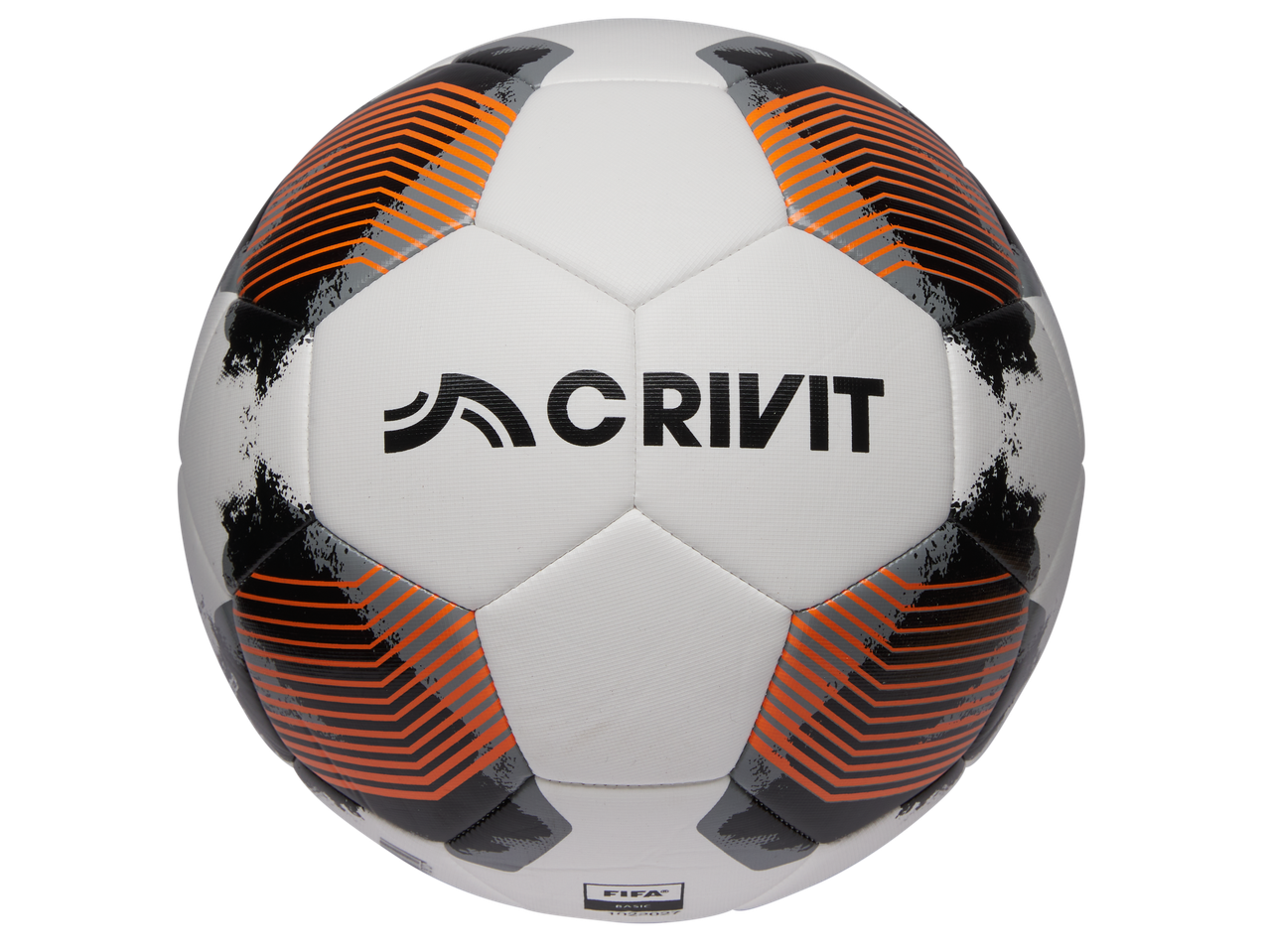 Baltas futbolo kamuolys su juodomis, oranžinėmis ir pilkomis detalėmis, su logotipu centre.