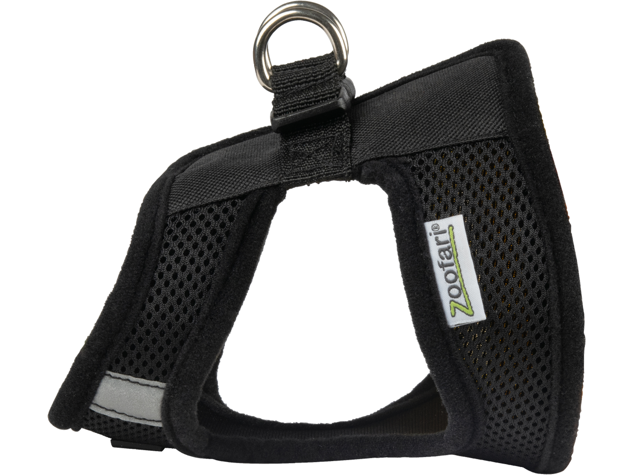 A black Zooafari pet harness with mesh detailing and a silver ring.