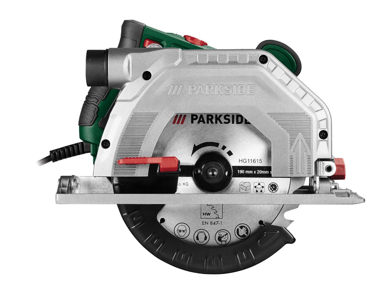 A Parkside HG11615 circular saw with a 190mm blade is shown.