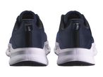 Pair of navy blue and white athletic shoes, rear view, with text on heel tabs.