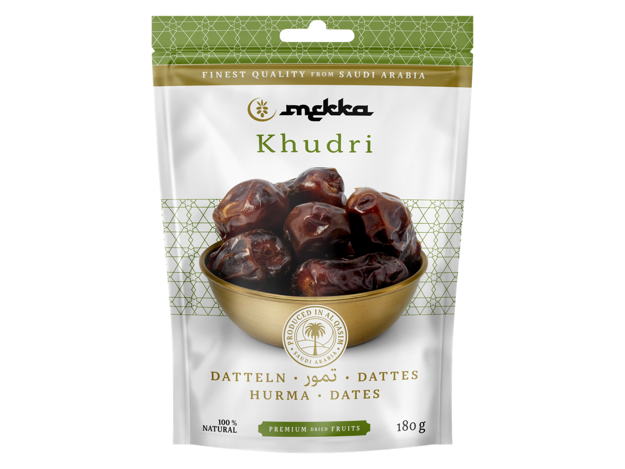 Curmale Mekka Khudri într-un bol auriu, ambalaj de 180g.