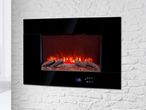 Wall-mounted electric fireplace with black frame and glowing logs on a white brick wall.