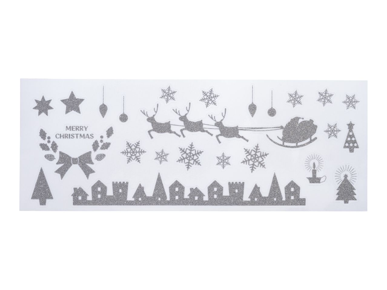 Glittery Christmas window stickers featuring Santa, reindeer, snowflakes, and a village skyline.