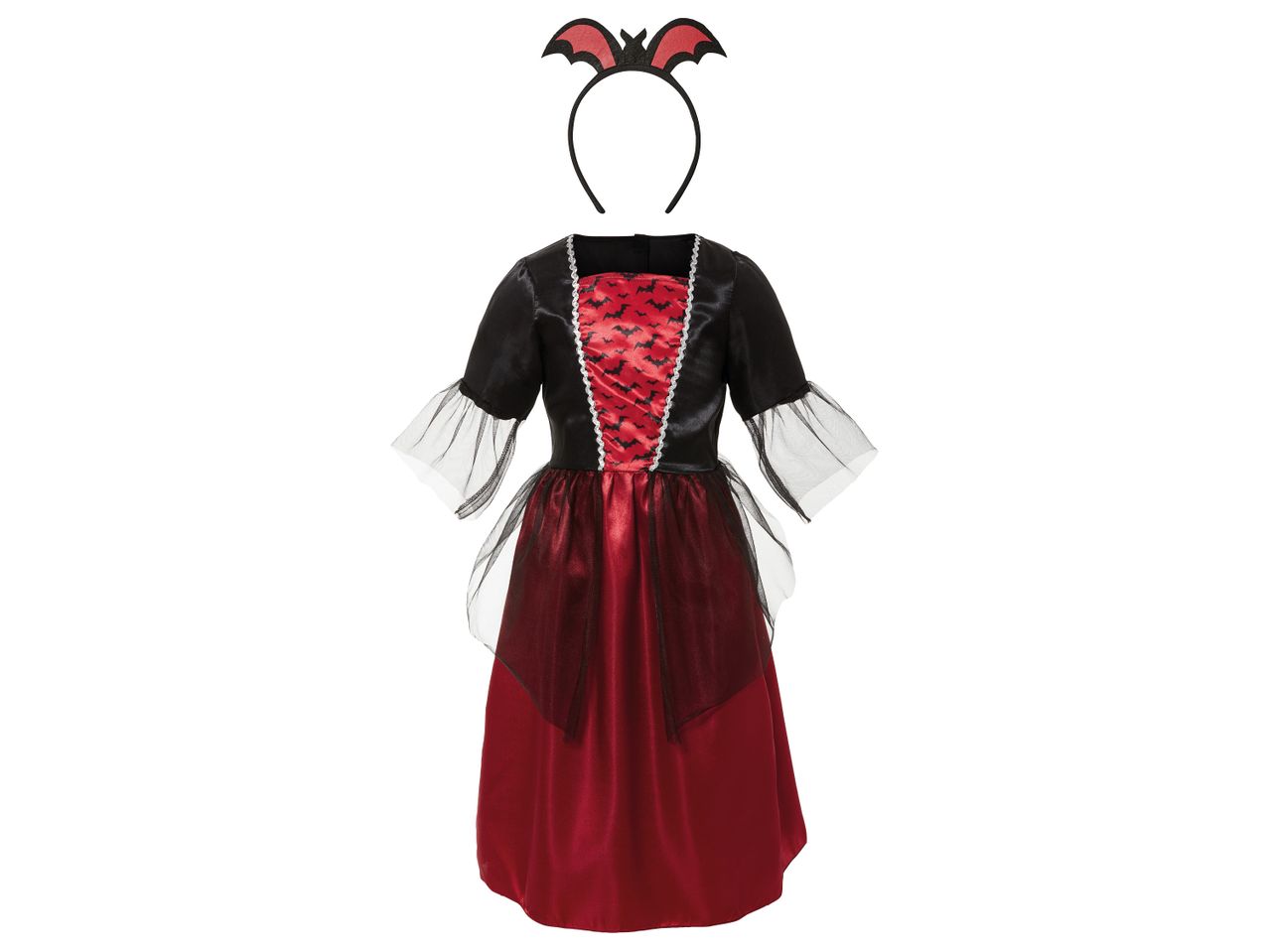Costume da vampiro per bambini con vestito nero e rosso e cerchietto con ali di pipistrello.