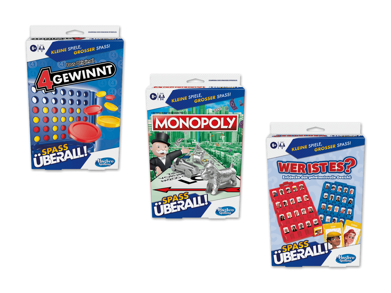 Drei Hasbro-Brettspiele: 4 Gewinnt, Monopoly und Wer ist es?