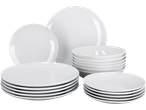 Um conjunto de louça de porcelana branca com pratos e tigelas.