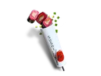 Drie sushirollen met roze rijst en komkommer, uit een witte koker met 'SUSHI' erop.