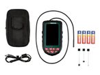 Inspection camera kit with case, batteries, USB cable, and various attachments.