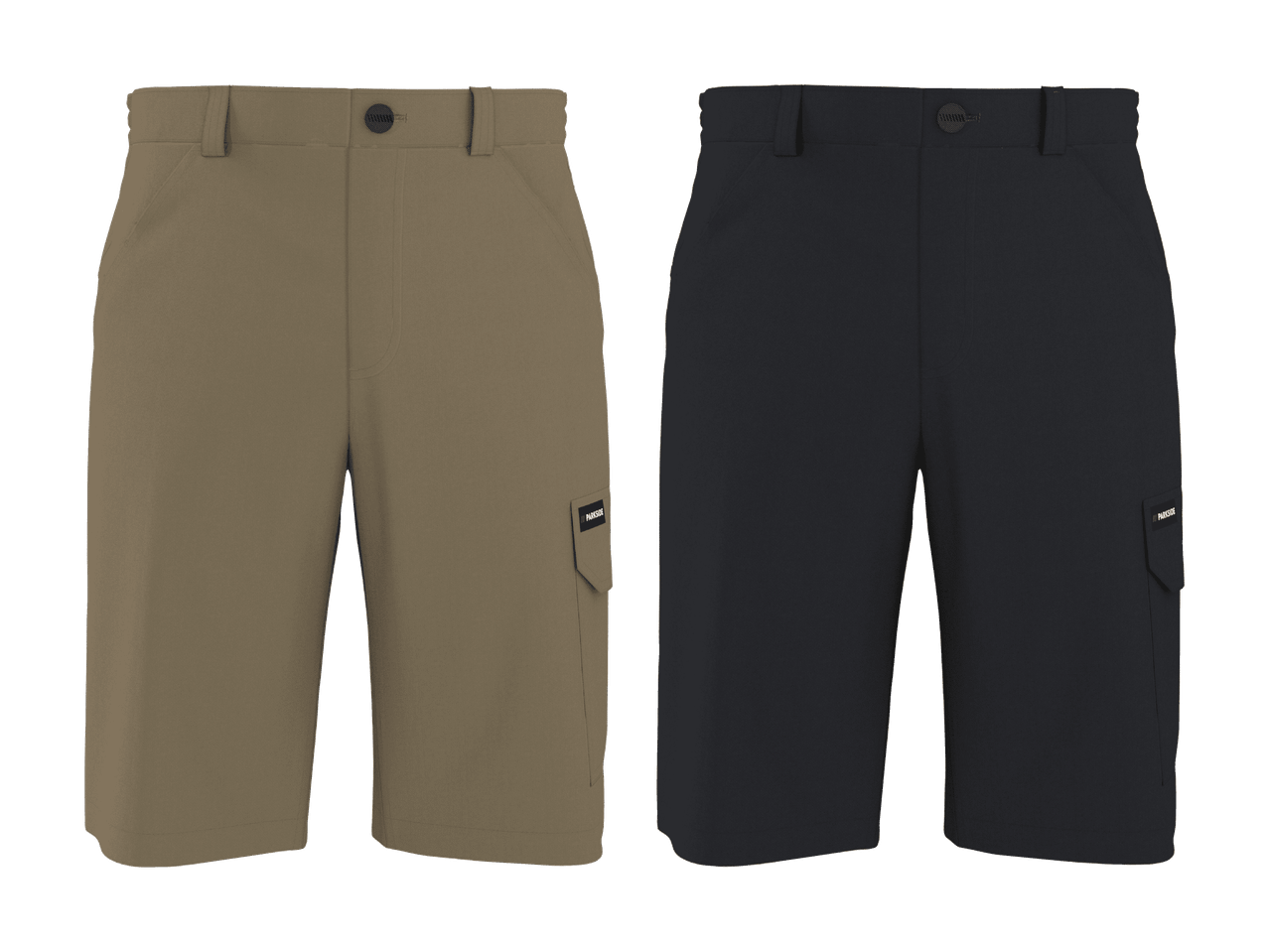 Deux shorts de travail, un beige et un noir, avec poches latérales.