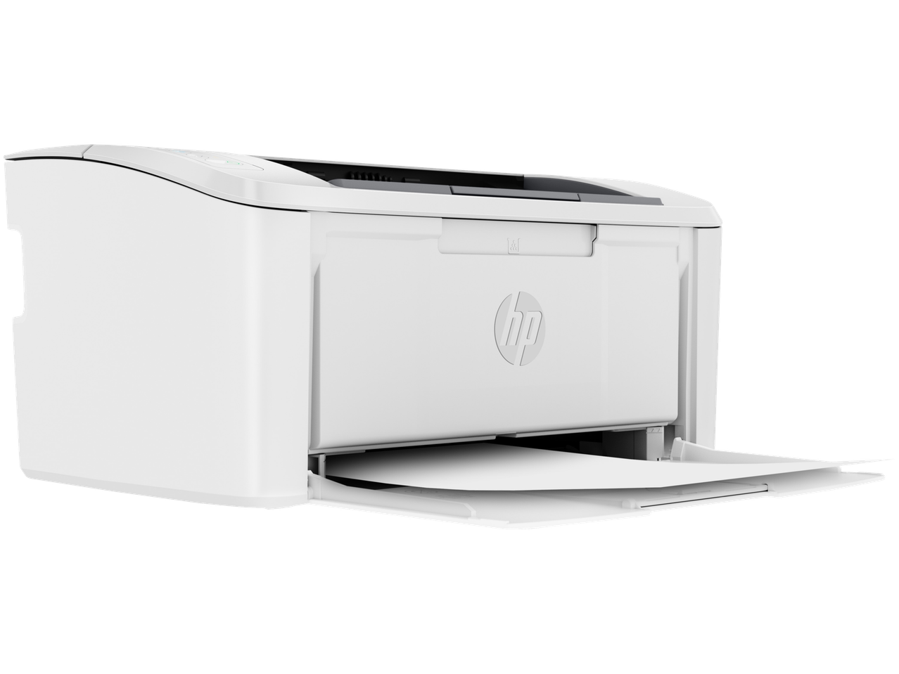 HP LaserJet Drucker in Weiß, schräge Ansicht mit ausgezogenem Papierfach