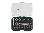 A socket and bit set with a ratchet, various sockets, and screwdriver bits in a green and clear case.
