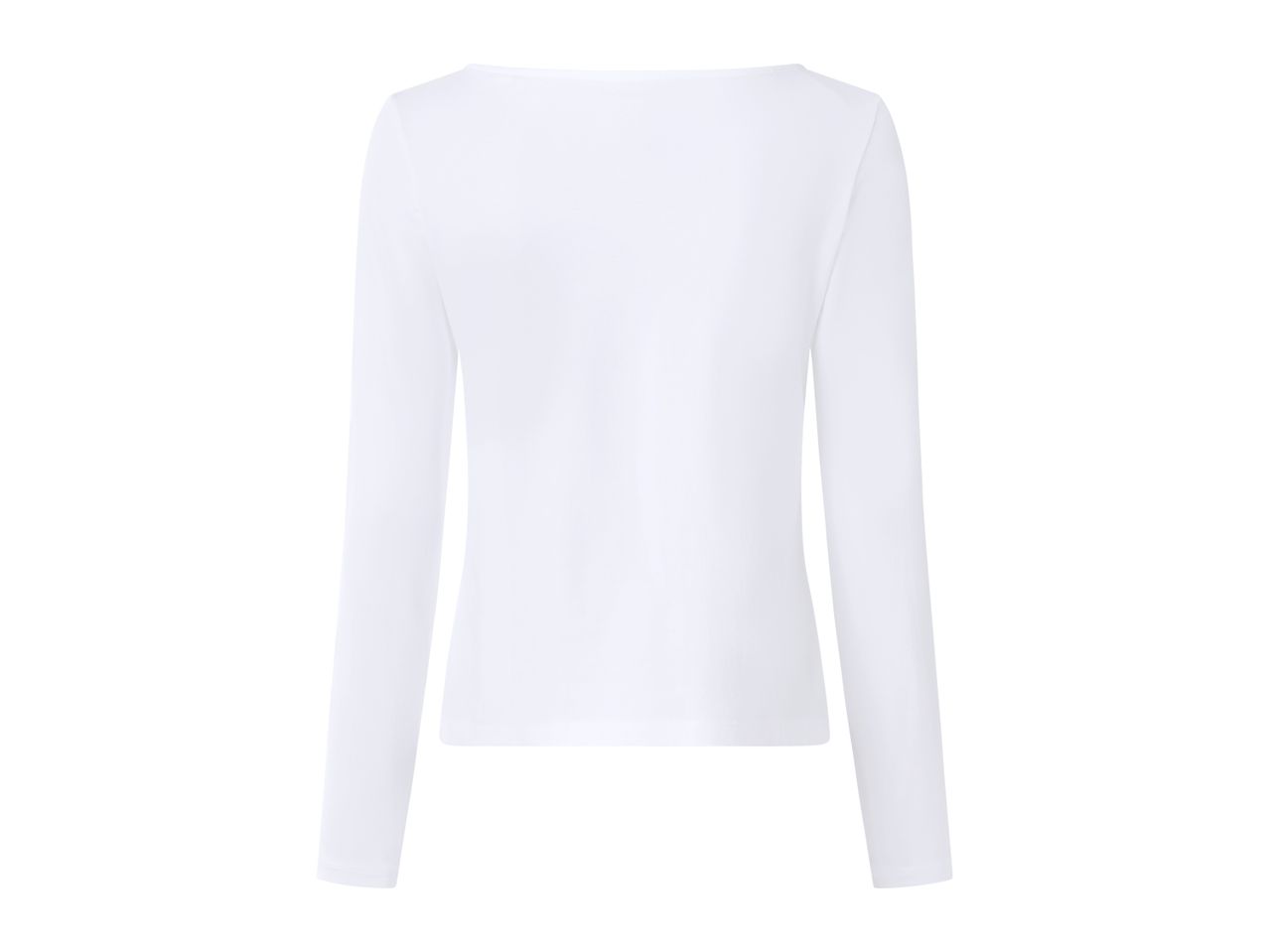 Back view of a plain white long-sleeved top with a boat neck.