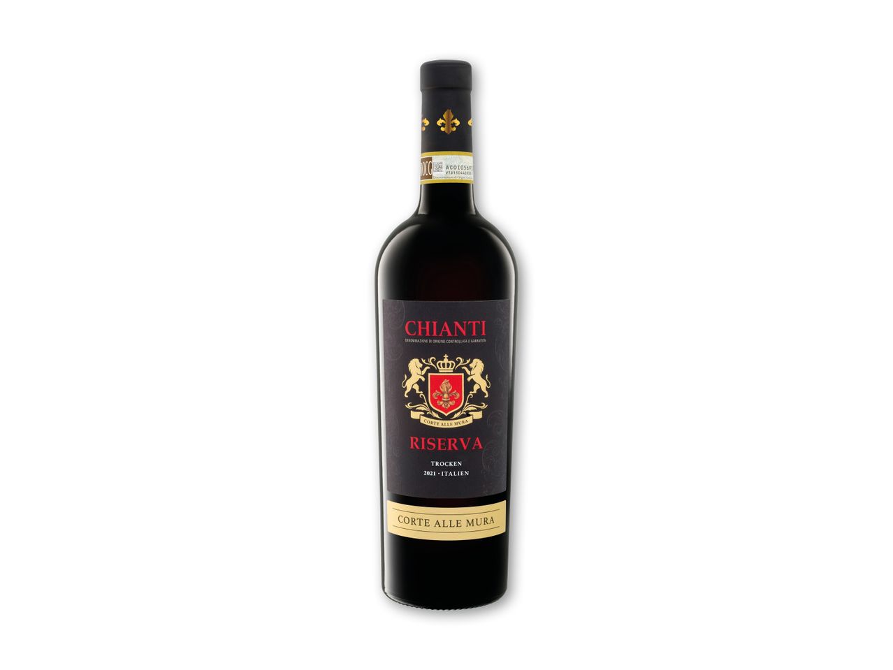 En flaske rødvin med en sort etiket, der viser et våbenskjold og teksten 'Chianti Riserva'.