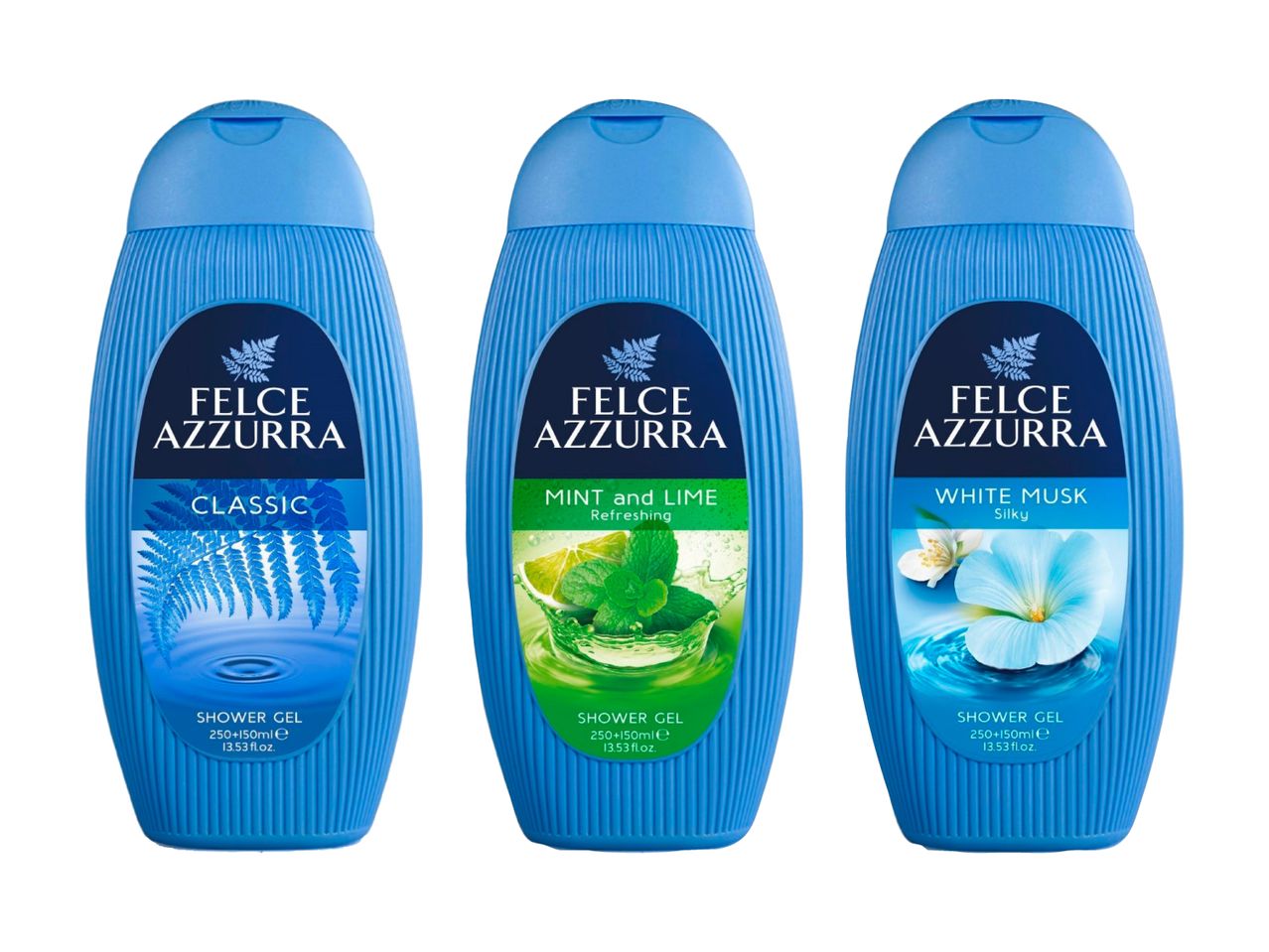 Drei Felce Azzurra Duschgels: Klassisch, Minze & Limette, Weißer Moschus.