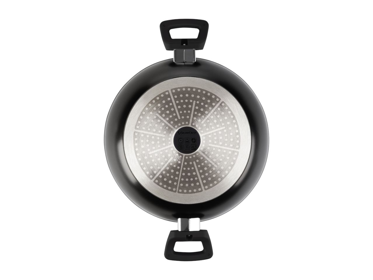 Black frying pan with two handles, bottom view showing induction base.