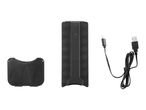 Black plastic device holder, a separate base, and a USB-C to USB-A charging cable.