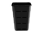 Black plastic container with drainage holes.
