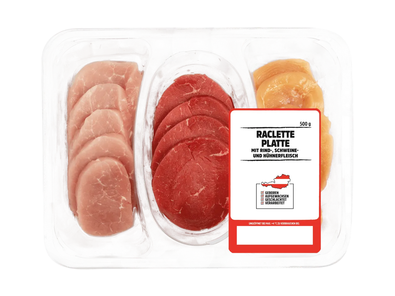 Raclette-Platte mit Rind-, Schweine- und Hühnerfleisch, 500g