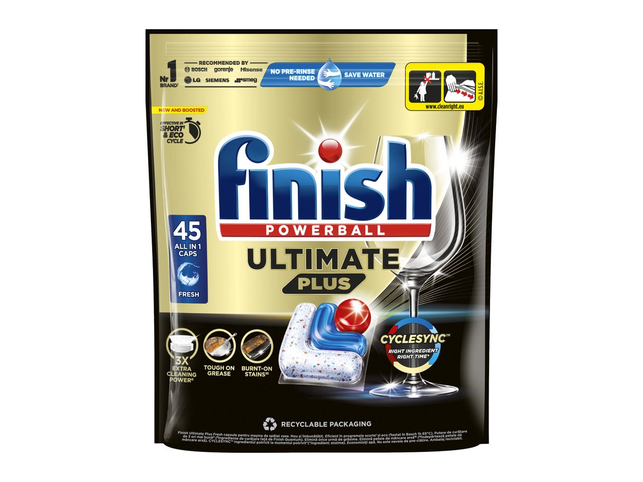 Ambalaj de capsule pentru mașina de spălat vase Finish Powerball Ultimate Plus Fresh, cu 45 de capsule.