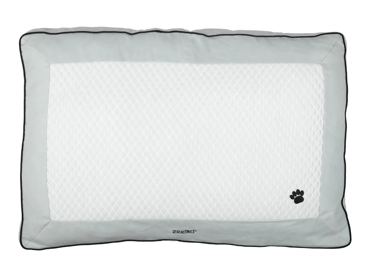 Zoofari light blue pet bed with white quilted center and paw print logo