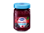 Een pot bosvruchtenjam met een blauw deksel en een etiket met fruit en de tekst 'MINDER ZOET'.