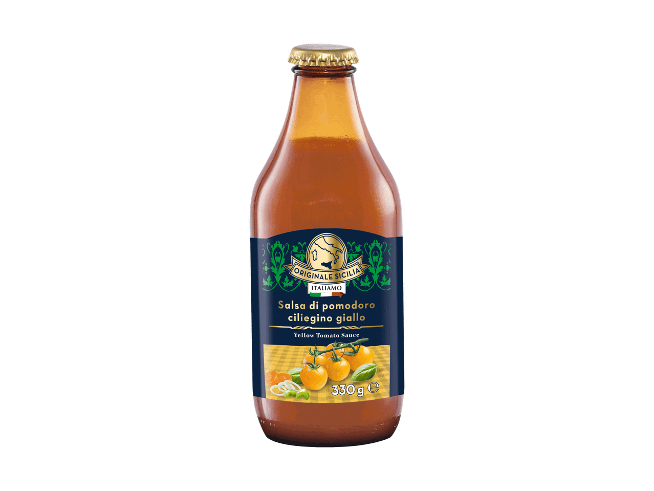 Bouteille de sauce tomate cerise jaune avec une étiquette bleue et des illustrations de tomates.