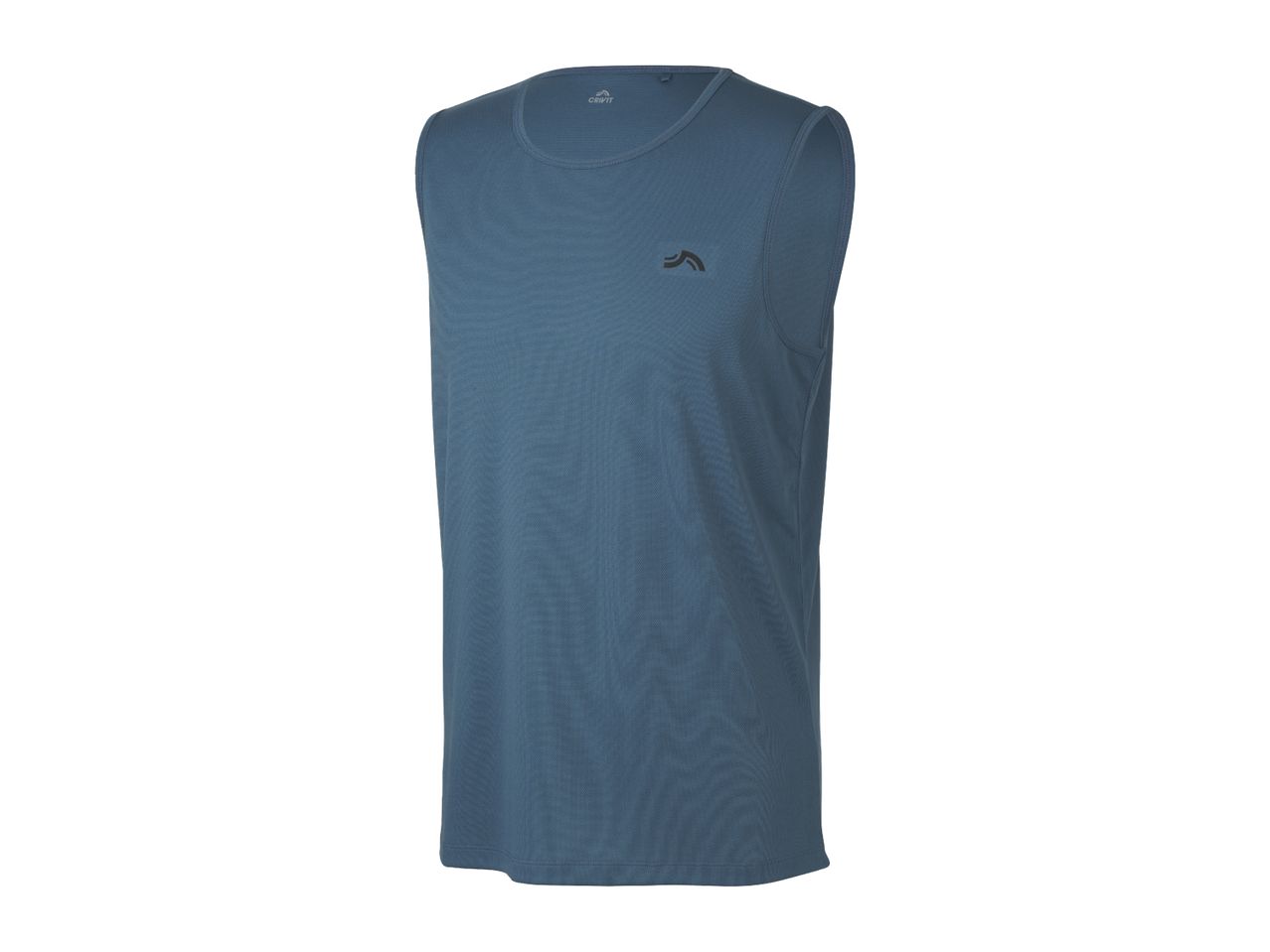 Men's blue sleeveless sports top with a round neck and a small logo on the chest.