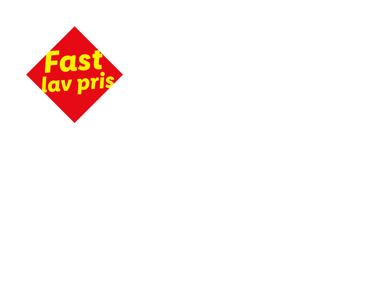 Rød rombe med teksten 'Fast lav pris' i gul skrift.