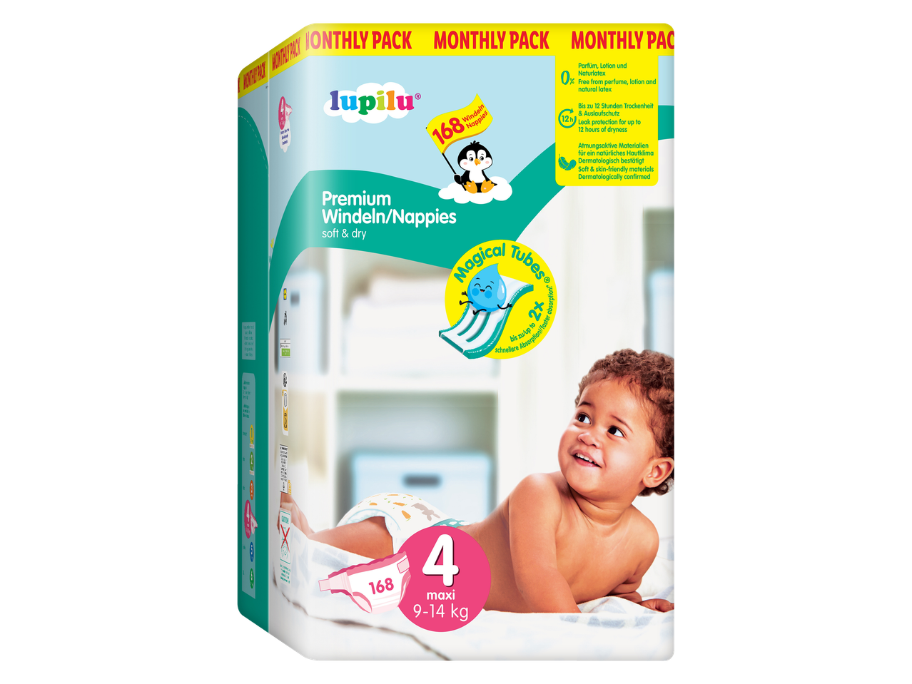 Pachet lunar scutece Lupilu Premium, mărimea 4 Maxi (9-14 kg), 168 scutece, cu un bebeluș.