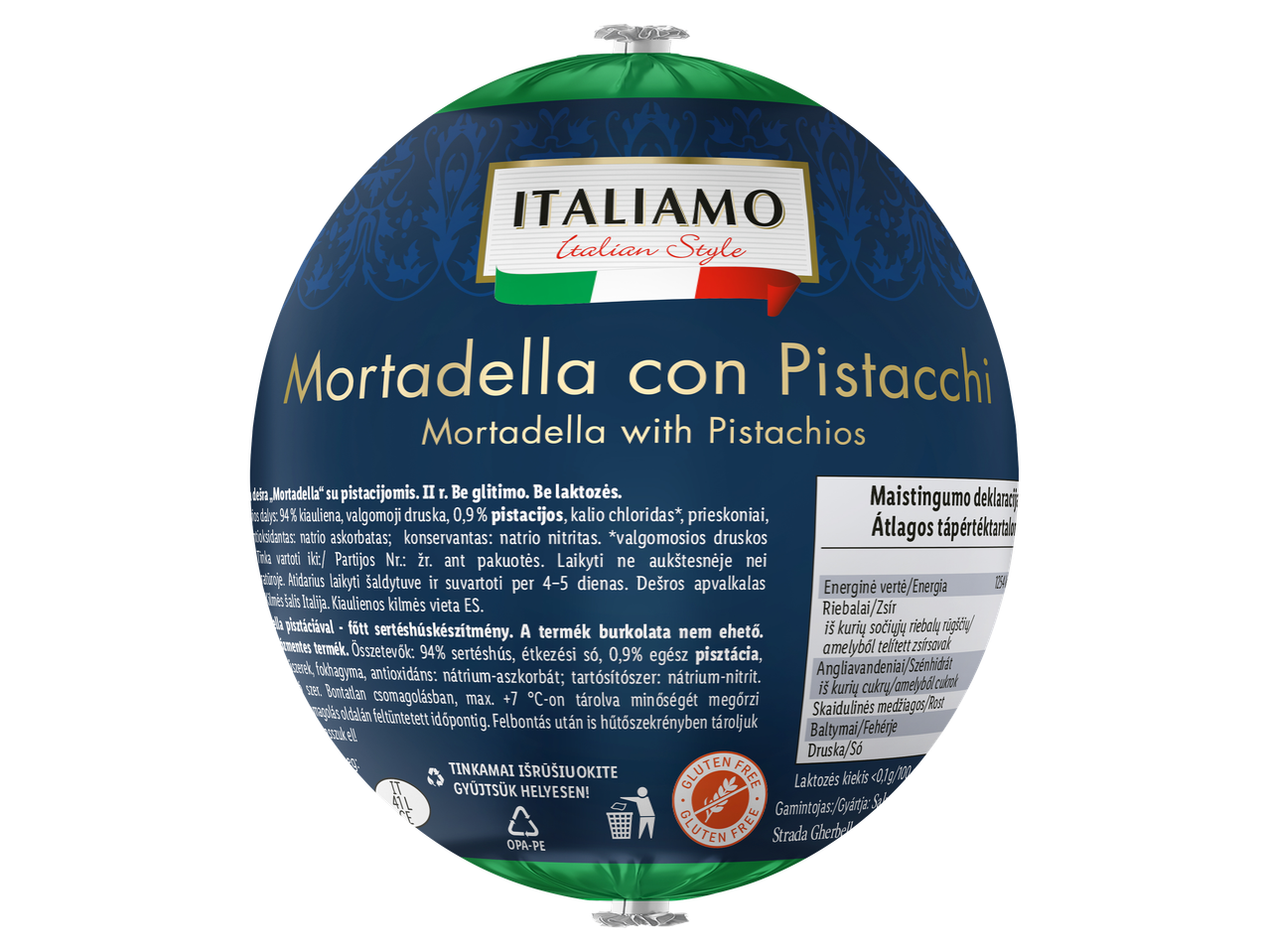 Olasz mortadella pisztáciával, kék csomagolásban.