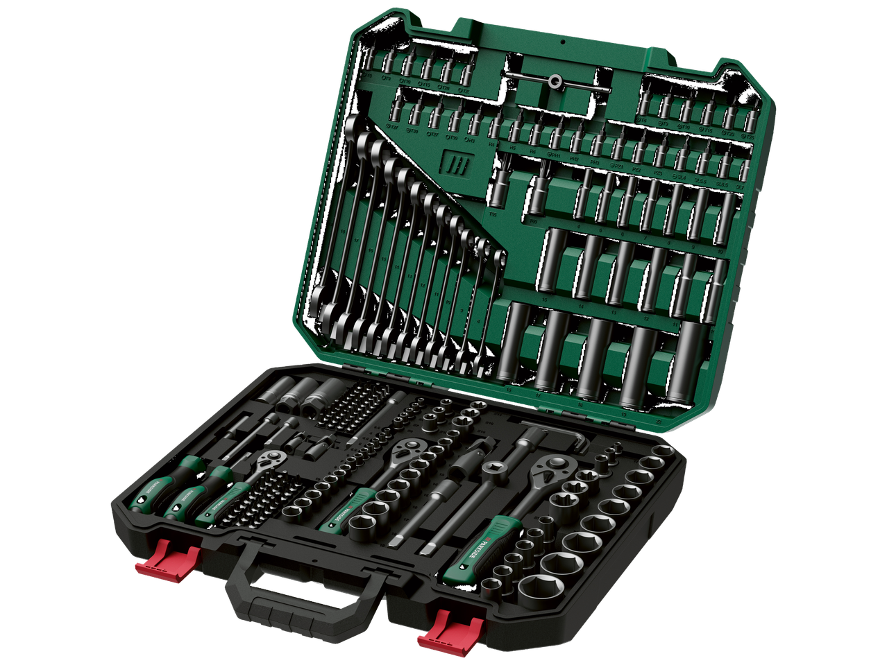 Parksidi tööriistakomplekt, millel on käigulukk-mutrivõtmed, pistikupesad ja bitid.