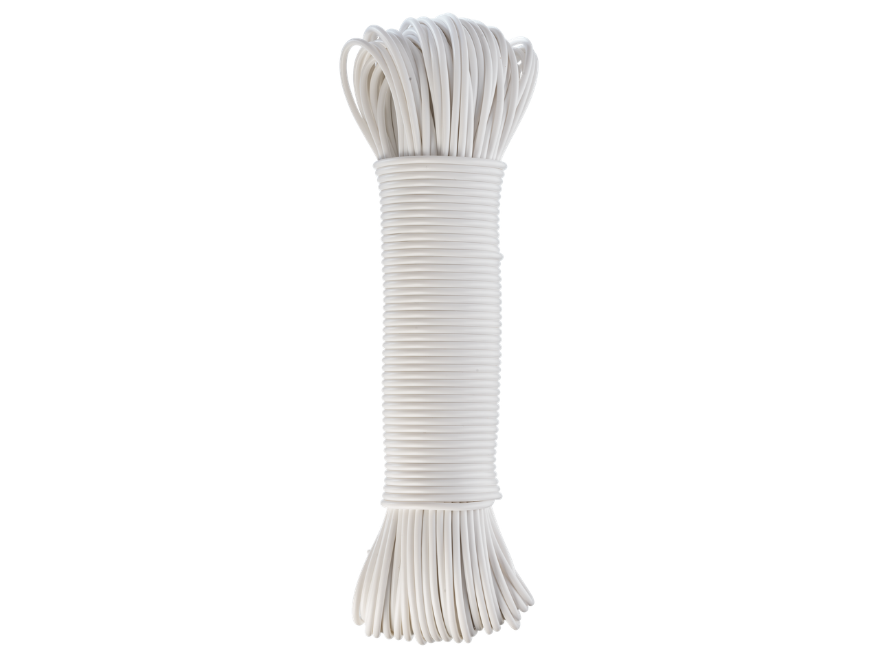 A neatly coiled bundle of white clothesline rope on a black background.