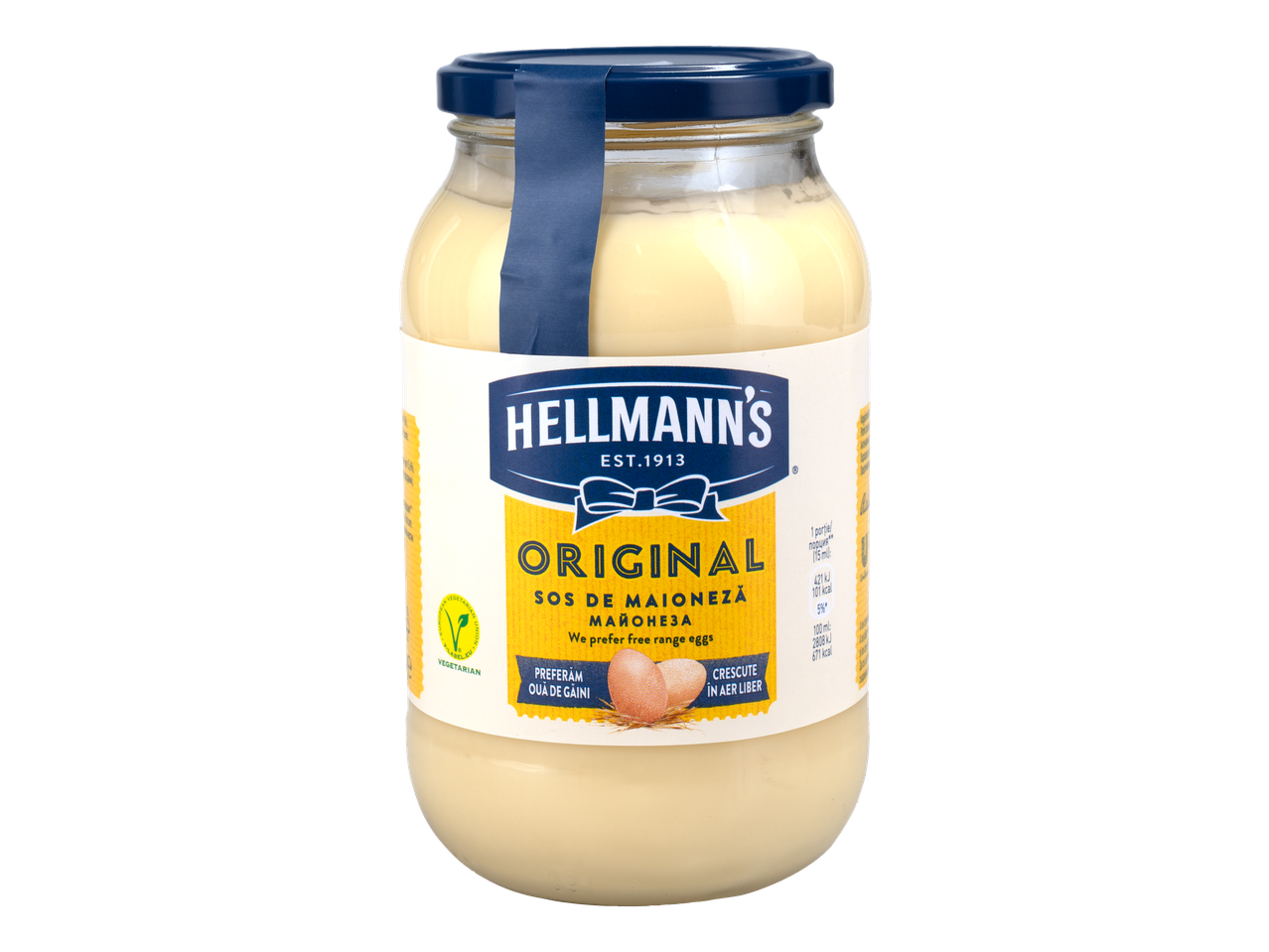 Borcan de maioneză Hellmann's Original cu capac albastru și etichetă, evidențiind ouă de la găini crescute în aer liber.