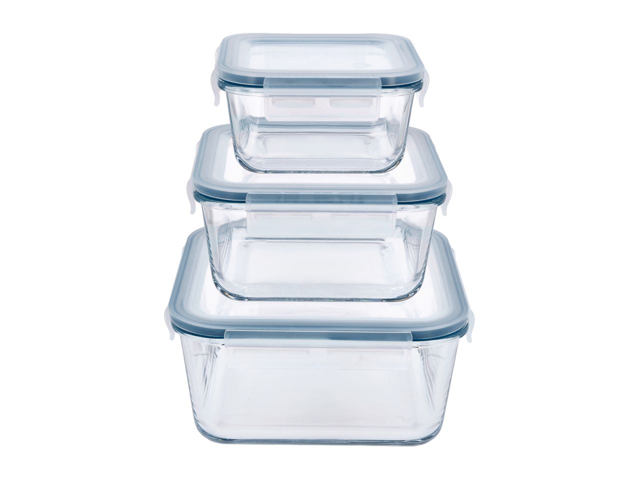 Three clear glass food storage containers with light blue lids, stacked from smallest to largest.